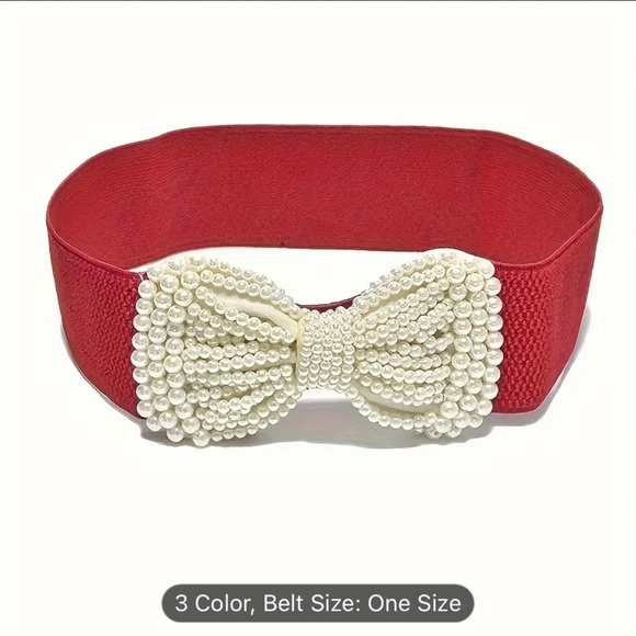 An elegant solid colored elastic waistband with a wide imitation pearl bow - Picture 8 of 10